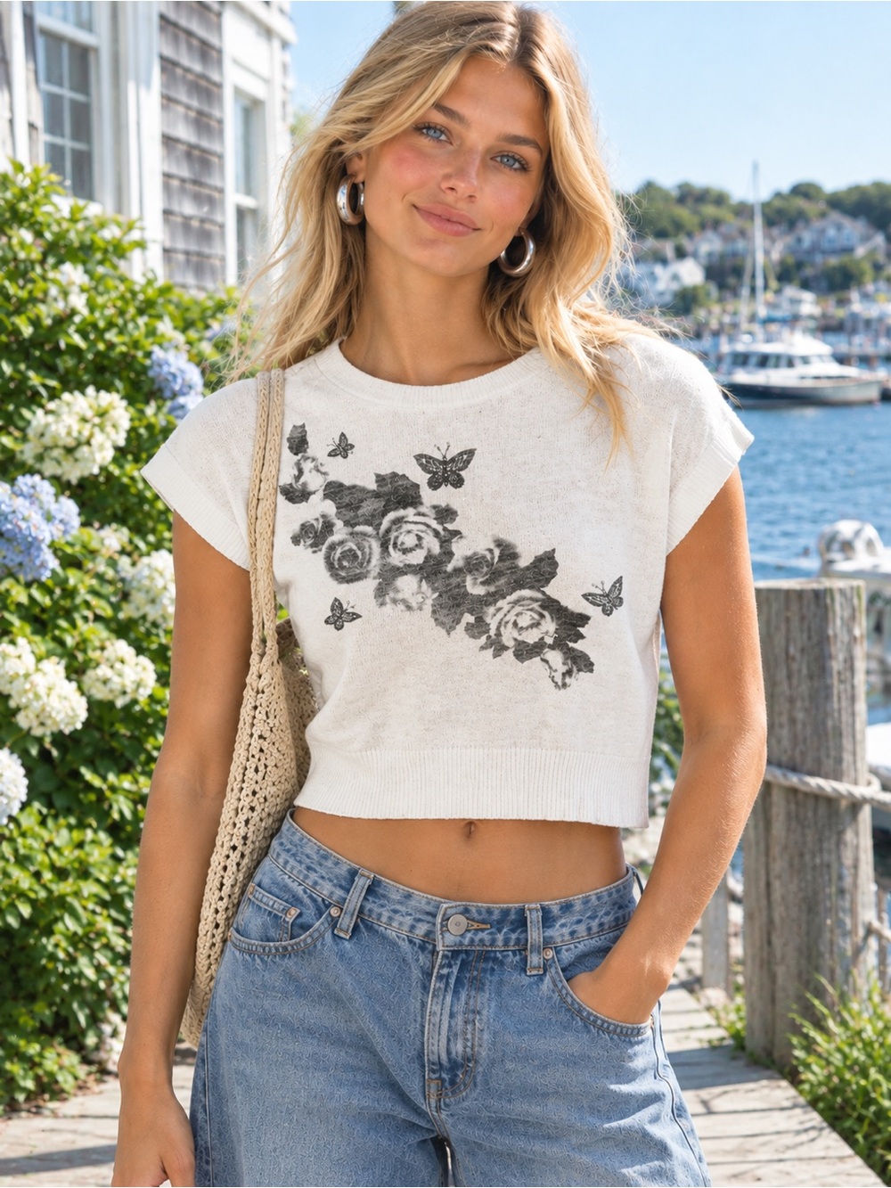 Floral and butterfly bling roll neck sweater